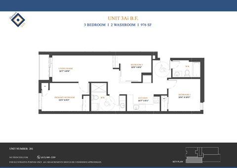 Floor plan of a 3 bedroom, 1 2 washroom unit.